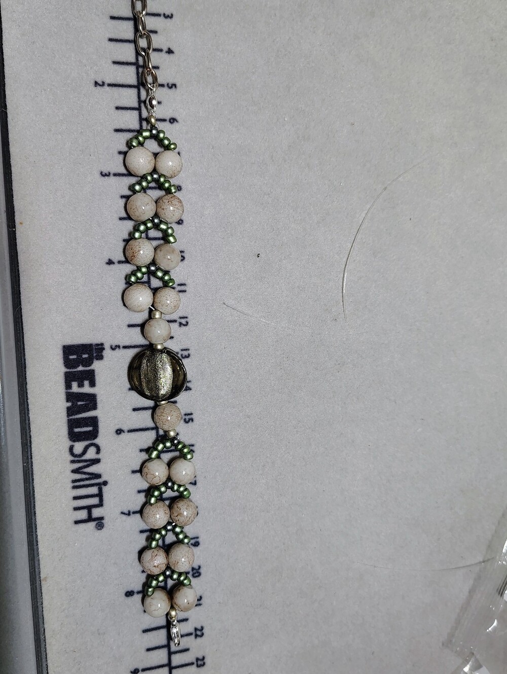 Handcrafted White With Cream Marble and Green Beaded Bracelet